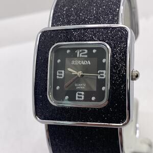 Strada Womens Black Glitter Cuff Bangle Watch New Battery